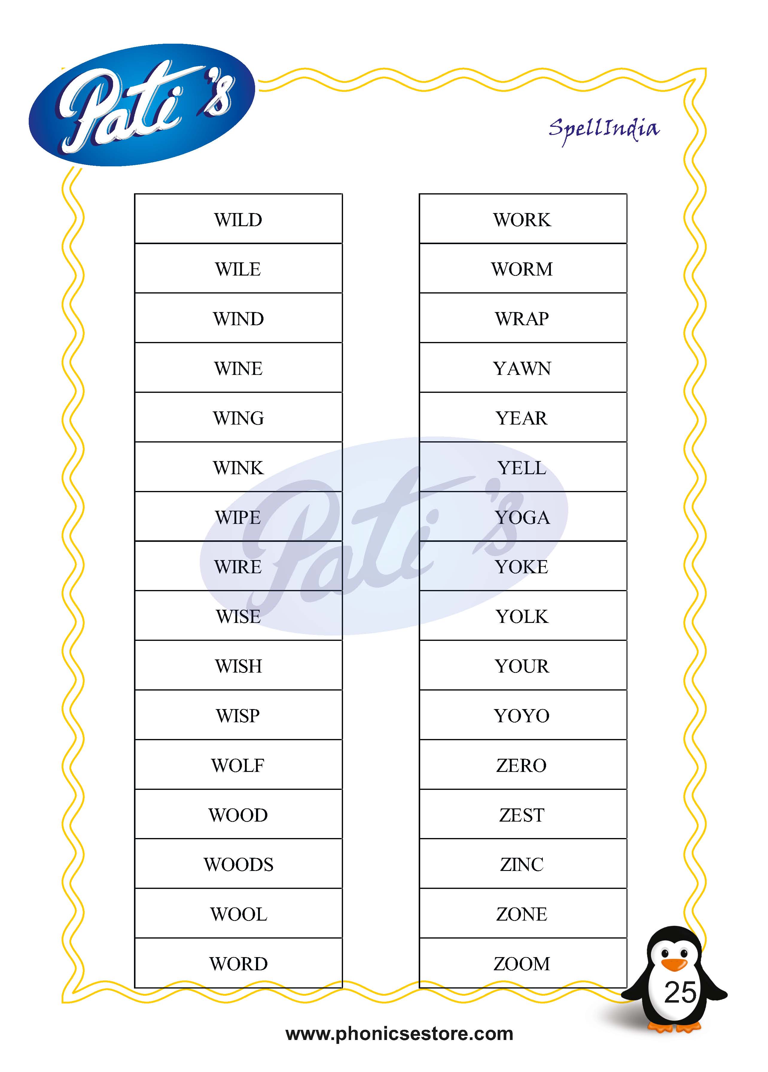 Pati Spelling Bee word list Class 2 Grade 2